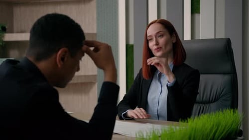 Caucasian Businesswoman Woman Manager Worker Lawyer Consult Client at Office Help African American