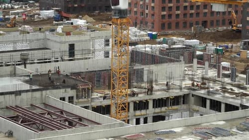 Time Lapse of Workers Pour Concrete Work with Reinforcement in Construction Site