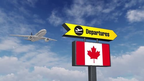 3D Airplane Departure Sign with Canadian Flag Travel Animation