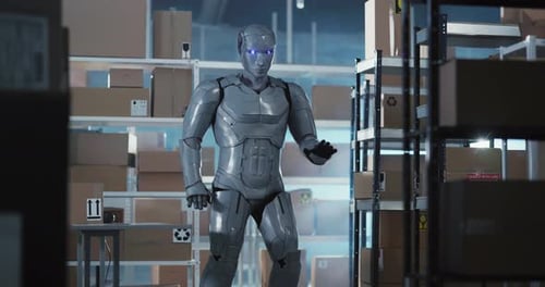 Futuristic Silver Cyborg Working in Workshop Department Post Office Delivery Services Store