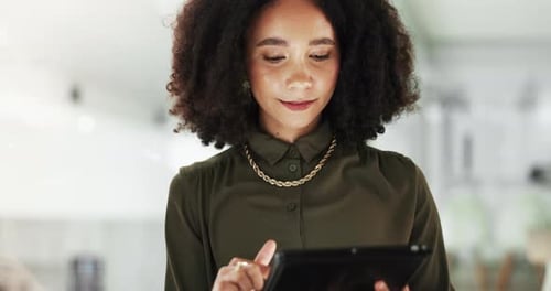 Thinking, office and business woman on tablet for research, online project and website review