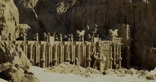 Intricate Sandy Castle Built in a Vast Desert Under Bright Sunlight