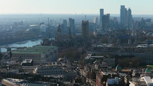 Aerial Panorama of London Showcasing River Thames Iconic Palace of Westminster with Big Ben and