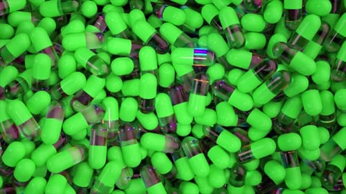 3D Animated of Green Capsules with Reflective Surfaces