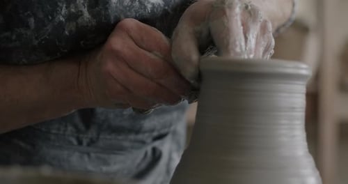 Gros plan d'un vase moulé à la main d'un potier professionnel sur un rouet pour créer une belle pièce unique