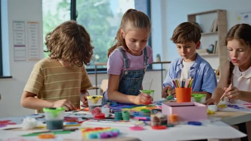 Kids Engaged Art Activity at Elementary School Artclass Closeup Group Children