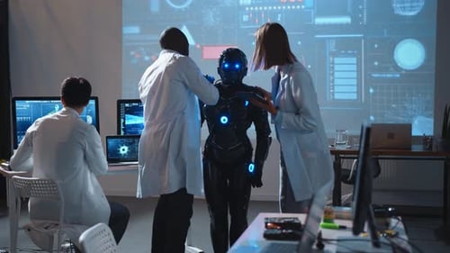 Vídeo mostra cientistas em um laboratório colaborando em robótica avançada