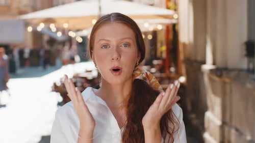 Adult Girl Looking Surprised at Camera Shocked By Sudden Win Good Victory News Wow in City Street