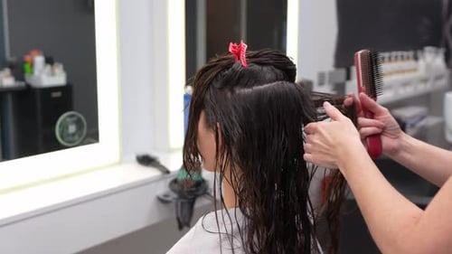 Woman Getting Hair Brushed and Sectioned at Salon