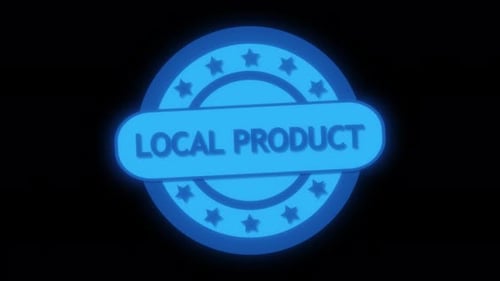 Neon sign with text Local Product surrounded by stars animated on a dark background.