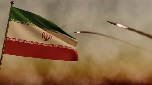 Iranian Flag Waving with Missiles Flying in Cloudy Sky