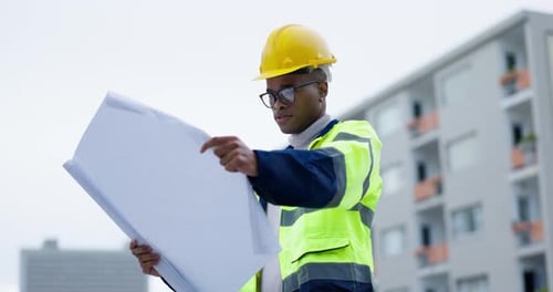 Engineering, man and blueprint paper for city planning, buildings design