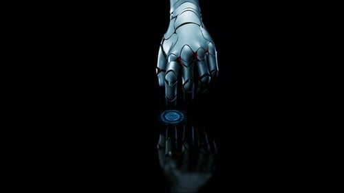 Robot arm activates futuristic quantum ai interface in cybernetic brain hud animation