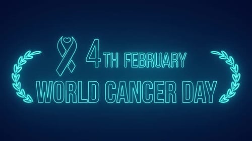 Neon Outline World Cancer Day Title with Awareness Ribbon