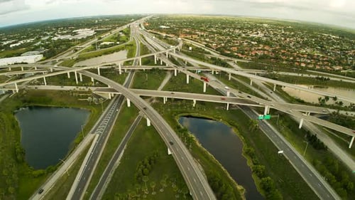 Aerial view of highway interchange, United States.