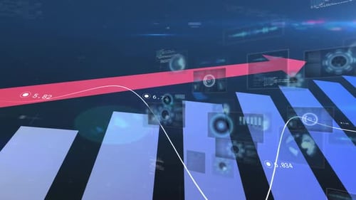 Animation of pink arrow pointing up, scopes scanning and data processing on screens