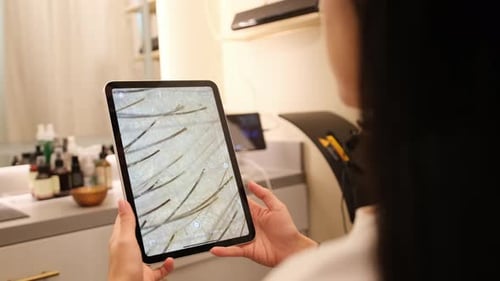 Woman Holds Tablet Displaying Close-Up of Hair Follicles