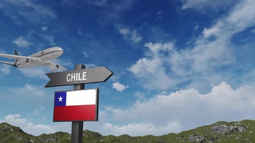 Chile Flag With Airplane And Arrow Sign