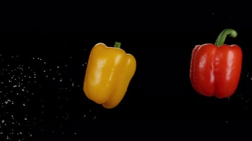 Colorful bell peppers falling in slow motion