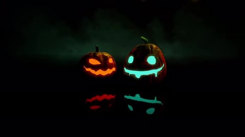 Glowing Halloween Pumpkins Animation with Eerie Smoke and Reflections