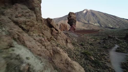 Mountain range in dry deserted landscape of Teide National Park. Scenery of highest volcano