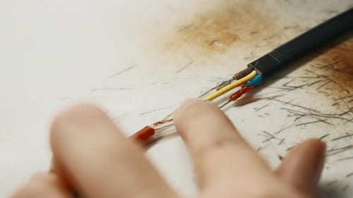 Soldering iron, wiring repair. Creative. Close up of industrial background of worker in gloves