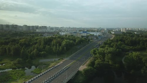 City Highway. Overpass Across The River. On The Horizon At Home. Aerial Photography.