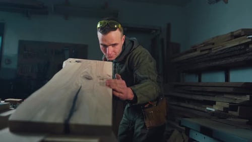 A Young Worker Checks the Flatness of a Board in a Wood Furniture Workshop