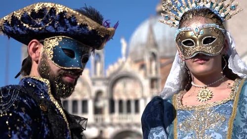 Ornate Carnival Costumes Worn in Urban Setting