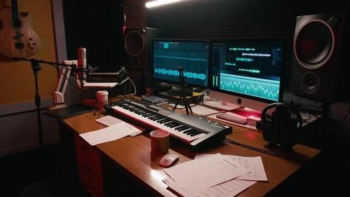 Desk at Recording Studio with Electric Piano, Microphone, Computer Software
