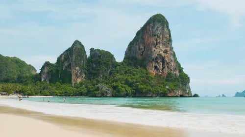 Scenic View of Railay Beach with Limestone Karst Cliffs Sand and Turquoise Sea in Krabi Province