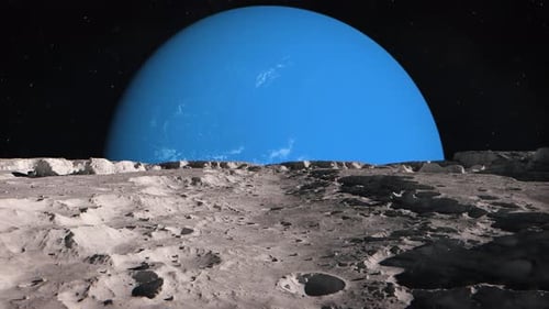 Blue Gas Giant Planet Rising Over Rocky Moon Surface