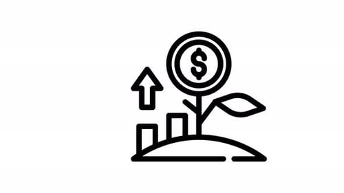 Animated Line Icon Showing Financial Growth with Bar Chart and Dollar Plant