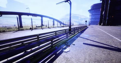 Paysage urbain avec architecture futuriste et ciel bleu clair à midi