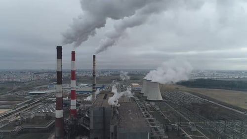 Thermal Power Energy Station View From Height to Pipes in Fog Steam and Smoke From Pipes