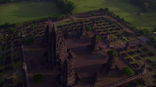 Aerial view of Hindu temple complex with trees, Indonesia.