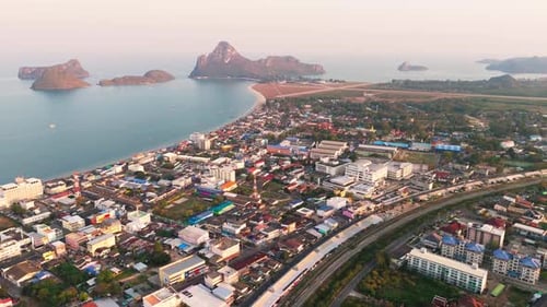Aerial view of Prachuap Khiri Khan showing the city, coastline, and islands