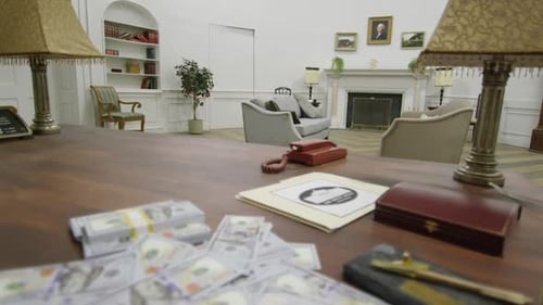 Money in politics - tilt down from oval office to pile of cash HD