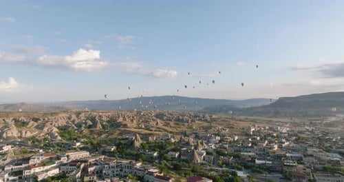 Aerial View of Hot Air Balloons Over Cappadocia's Vibrant Tapestry