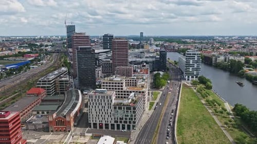 Aerial view of modern buildings on the bank of spree river Berlin, Germany .