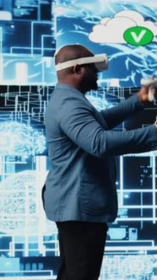 Man Using Virtual Reality Technology and Headset