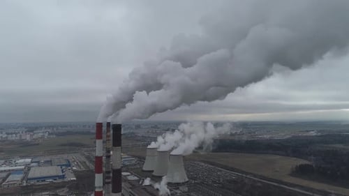 Thermal Power Energy Station View From Height to Pipes in Fog Steam and Smoke From Pipes