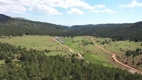 Aerial Shot With Chalets And Flock Of Sheep In Forest Area