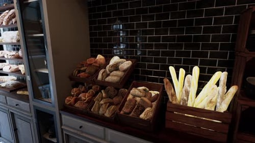 Assorted Bread and Pastries Display in Bakery