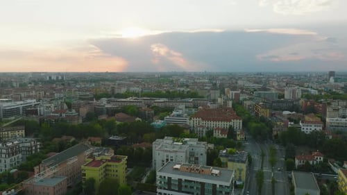 Aerial Panoramic Footage of Town Development in Metropolis at Sunset