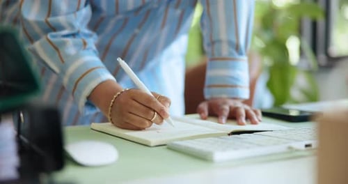 Hands, person and writing with notebook in office for planning, story ideas and research notes