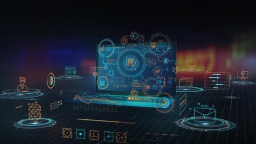 Holographischer Bildschirm mit Geschäftsanalysediagrammen und Datenpunkten