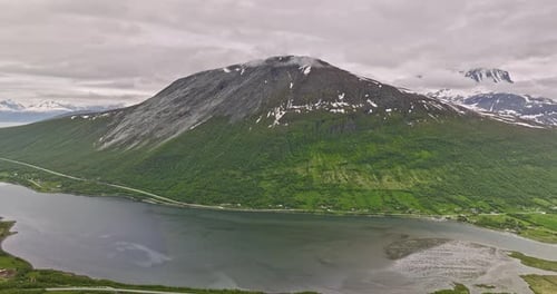 Nordkjosbotn Norway Aerial v5 panning view drone flyover inlet capturing mountain valleys and nordkj