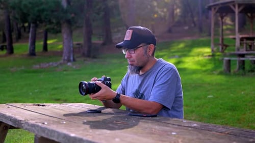 Man Taking Pictures in Green Park with Professional Camera