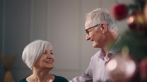 Senior Couple Hugging By Christmas Tree